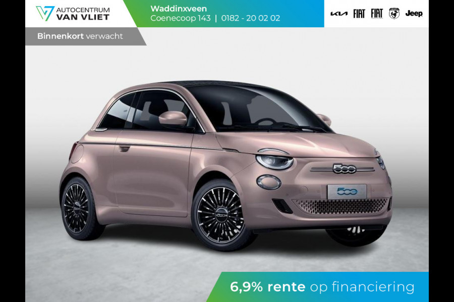 Fiat 500E Cabrio La Prima 42 kWh | 17% Bijtelling | Clima | Cruise | Leder | 17" | Priv Glass | Winter Pack | JBL Sound | BSM | Apple Carplay