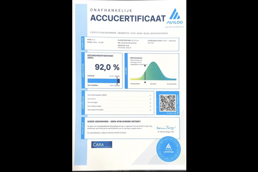 Fiat 500 La Prima 42 kWh SOH 92% U Connect Pdc Leder Led Camera Apple CarPlay & Android Auto Navi Autopilot ACC Lane Assist Keyles