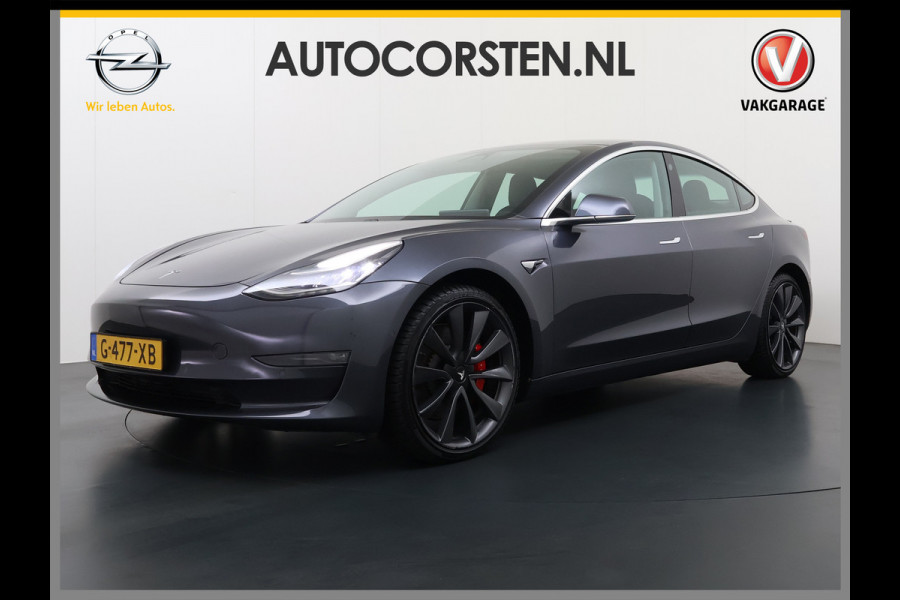 Tesla Model 3 Performance 513pk 0-100 3,4sec AWD Lmv 20" AutoPilot Rode Remklauwen Carbon Spoiler Panoramadak Adaptive Cruise Camera's Leer Pd Elektr.-A-Klep+Stuur+Verst.Stoel+Geheugen Easy Entry Stoel+Bank-Verwarmd Keyless WiFi  75kWh 4WD 1e Eigenaar Origineel Nederlandse Auto Nieuwprijs € 65.680 SOH 83%