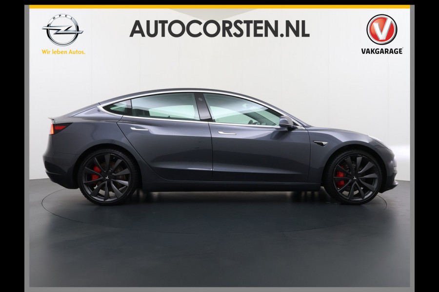 Tesla Model 3 Performance 513pk 0-100 3,4sec AWD Lmv 20" AutoPilot Rode Remklauwen Carbon Spoiler Panoramadak Adaptive Cruise Camera's Leer Pd Elektr.-A-Klep+Stuur+Verst.Stoel+Geheugen Easy Entry Stoel+Bank-Verwarmd Keyless WiFi  75kWh 4WD 1e Eigenaar Origineel Nederlandse Auto Nieuwprijs € 65.680 SOH 83%