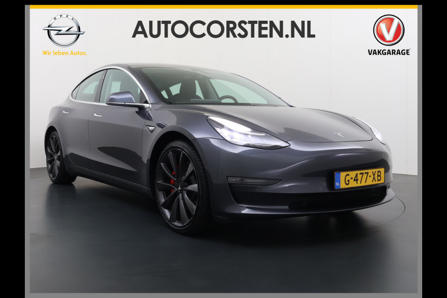 Tesla Model 3 Performance 513pk 0-100 3,4sec AWD Lmv 20" AutoPilot Rode Remklauwen Carbon Spoiler Panoramadak Adaptive Cruise Camera's Leer Pd Elektr.-A-Klep+Stuur+Verst.Stoel+Geheugen Easy Entry Stoel+Bank-Verwarmd Keyless WiFi  75kWh 4WD 1e Eigenaar Origineel Nederlandse Auto Nieuwprijs € 65.680 SOH 83%
