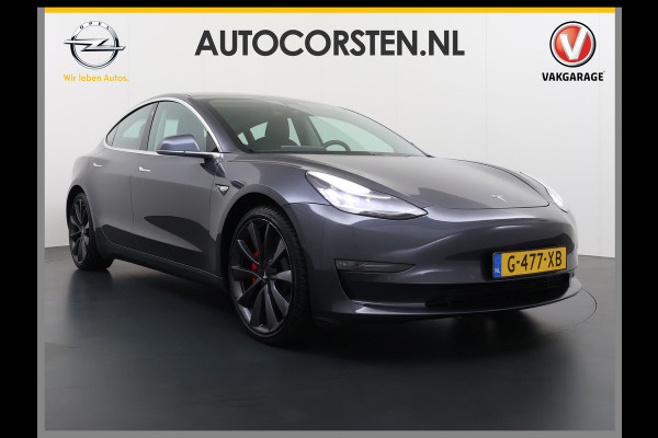 Tesla Model 3 Performance 513pk 0-100 3,4sec AWD Lmv 20" AutoPilot Rode Remklauwen Carbon Spoiler Panoramadak Adaptive Cruise Camera's Leer Pd Elektr.-A-Klep+Stuur+Verst.Stoel+Geheugen Easy Entry Stoel+Bank-Verwarmd Keyless WiFi  75kWh 4WD 1e Eigenaar Origineel Nederlandse Auto Nieuwprijs € 65.680 SOH 83%