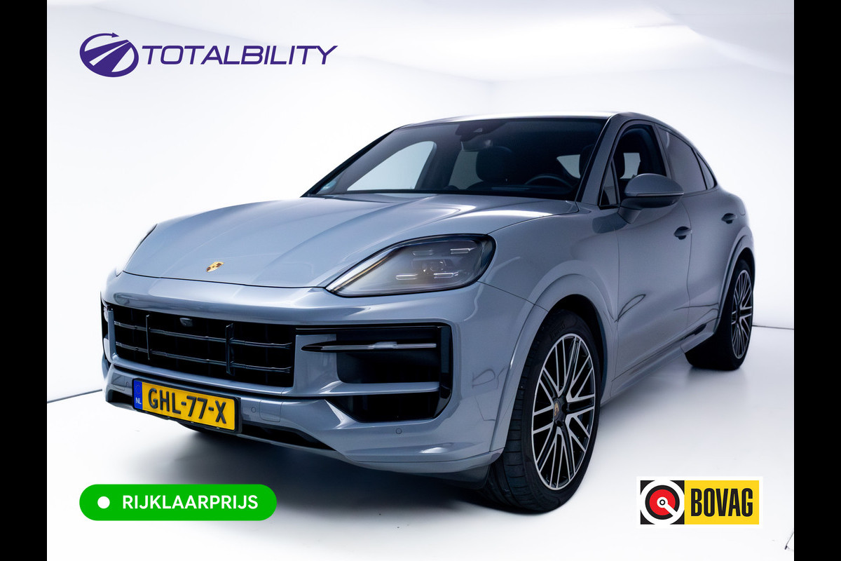 Porsche Cayenne Coupé 3.0 E-Hybrid 471 PK, Display bijrijder, Softclose, Headup, Luchtvering, 22" velgen, Comfortstoelen 14-voudig memory Panodak, Lederen bekleding, Sportuitlaat eindpijpen, Trekhaak, Donker brons, Volledig dealeronderhouden