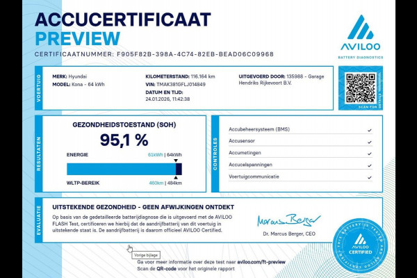 Hyundai Kona EV Fashion 64 kWh | SOH: 95,1% | 3 Fase | warmtepomp | HUD | Blindspot | Climate | Navi |