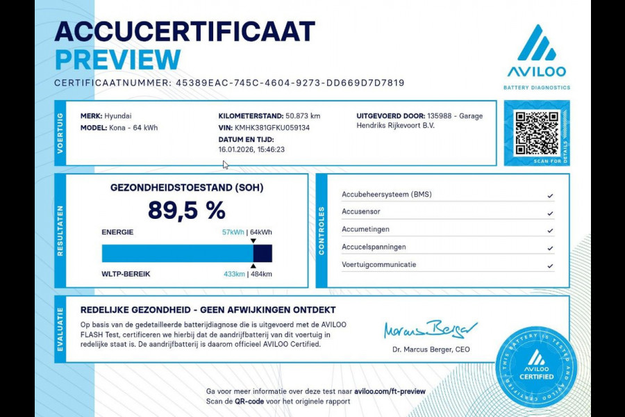 Hyundai Kona EV Fashion 64 kWh | SOH: 89,5%  | LED | Adaptive CC | Blindspot | Stoelverwarming | Camera |