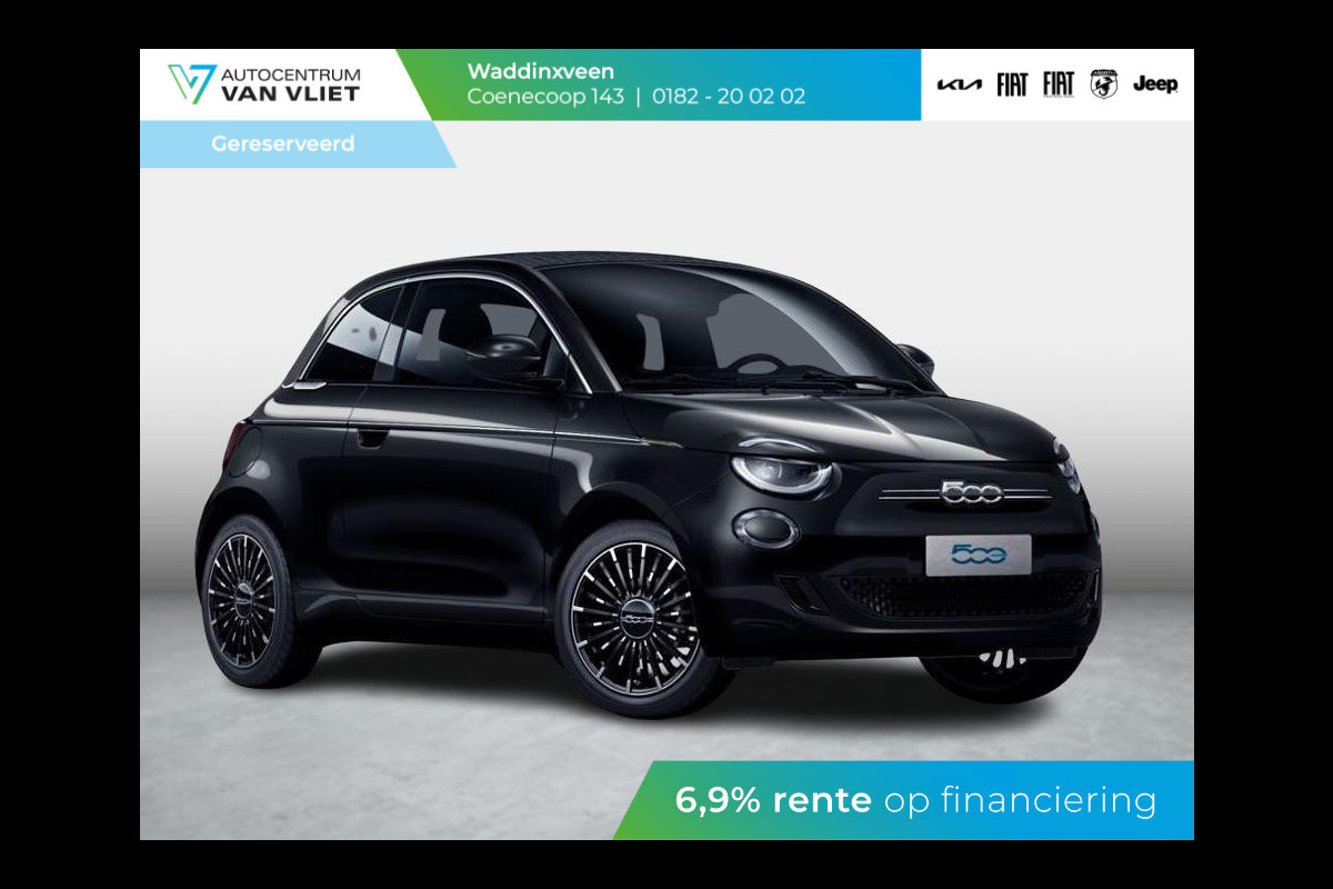 Fiat 500E Cabrio La Prima 42 kWh | SOH 99% | 17% Bijtelling | Clima | Cruise | Leder | 17" | Priv Glass | Winter Pack | JBL Sound | BSM | Apple Carplay