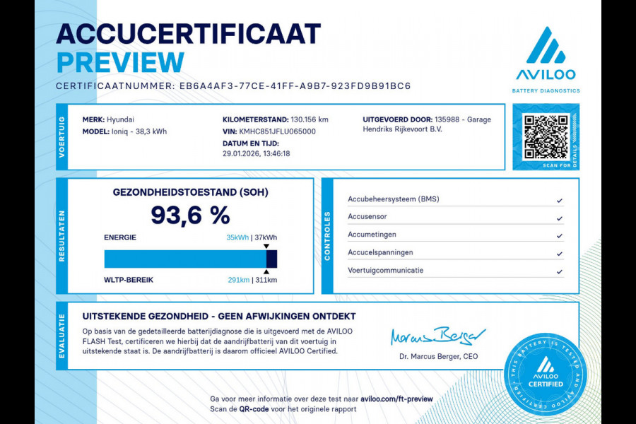 Hyundai IONIQ Comfort EV 38 kWh | SOH: 93,6% | 311km WLTP | Adaptive CC | Full LED | Navi |