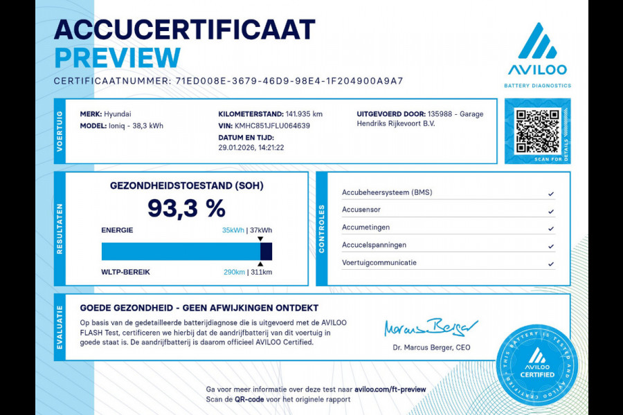 Hyundai IONIQ Comfort EV 38 kWh | SOH: 93,3%  | 311km WLTP | Adaptive CC | Full LED | Navi |