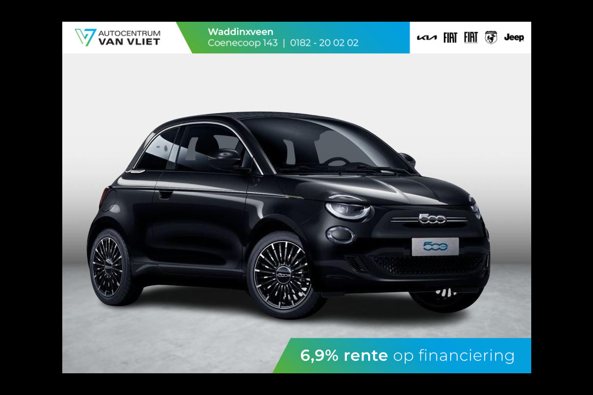 Fiat 500E Cabrio La Prima 42 kWh | SOH 99% | 17% Bijtelling | Clima | Cruise | Leder | 17" | Priv Glass | Winter Pack | JBL Sound | BSM | Apple Carplay