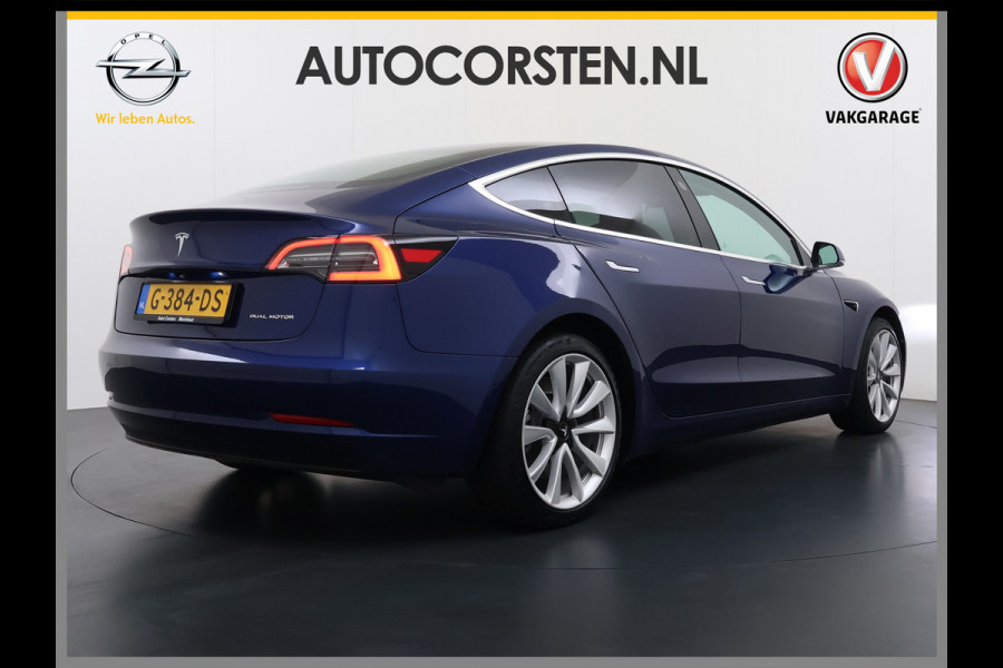 Tesla Model 3 Long Range AWD 75kWh Lmv 19" AutoPilot Leder Panoramadak Adaptive-Cruise Camera's Elektr.-Stuur+Stoelen+Spiegels+Geheugen+Easy-E Navi LED DAB Voorverwarmen interieur Keyless One-Pedal-Drive 4WD Origineel Nederlandse Auto Fabrieksgarantie op Accu en Motor tot 10-09-2027/192.00km