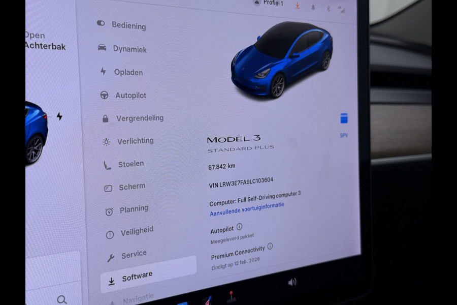Tesla Model 3 RWD SR plus 325PK SOH 90% LFP Accu Lmv 18" AutoPilot Leder Panoramadak Adaptive-Cruise Camera's Elektr.-Stuur+Stoelen+Spiegels+G Navi LED DAB Voorverwarmen interieur via App Keyless One-Pedal-Drive Fabrieksgarantie op Accu en Motor tot 29-12-2028/160.000km