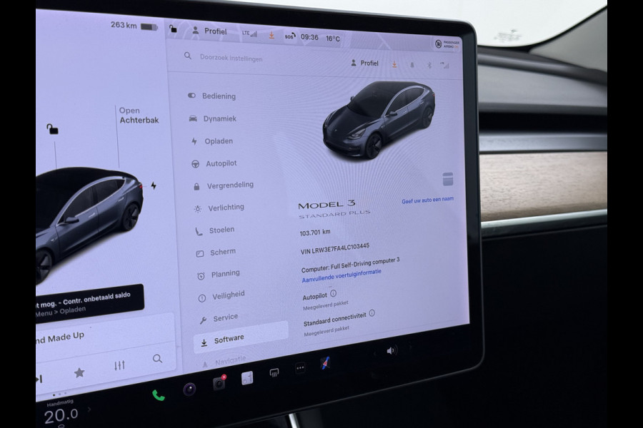 Tesla Model 3 RWD SR plus 325PK SOH 93% LFP Accu Lmv 18" AutoPilot Leder Panoramadak Adaptive-Cruise Camera's Elektr.-Stuur+Stoelen+Spiegels+G Navi LED DAB Voorverwarmen interieur via App Keyless One-Pedal-Drive 1e Eigenaar Origineel Nederlandse Auto Fabrieksgarantie op Accu en Motor tot 11-12-2028/160.000km