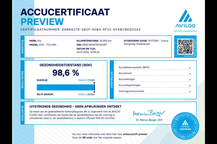 Kia Ev6 Edition Advanced 77.4 kWh Automaat SOH 98,6% - Matrix LED Koplampen - Kunst Lederen Bekleding - Adaptief Cruise Control - Climate Control - Fabrieksgarantie Tot 2031