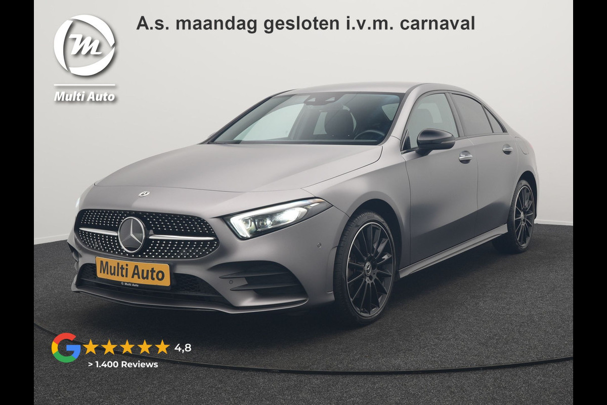 Mercedes-Benz A-Klasse 250 e Business Solution AMG Limited Plug In Hybrid 218pk PHEV | Adaptive Cruise | Head Up | Multi Beam LED | Alcantara Sportstoelen Verwarmd | Night Pakket | Sfeerverlichting | MBUX | Apple Carplay | Widescreen Navi | 19"L.M | Mountaingrau Magno |