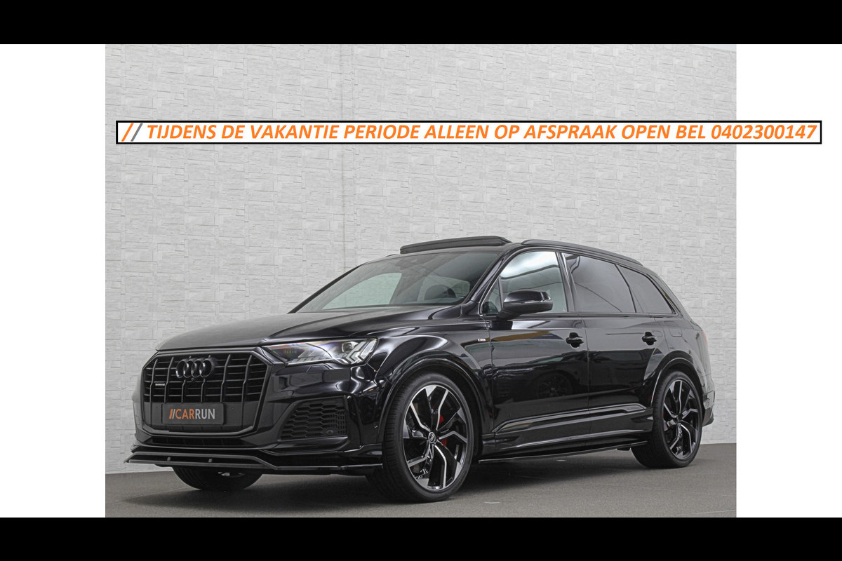 Audi Q7 55 TFSI e S-Line | Panorama | Leder | Luchtvering | LED-Matrix | Keyless-Go | 22 inch | Memory | Stoelverwarming V+A | Camera | Virtual-Cockpit | 3-Zone Clima | Draadloos Laden | Standkachel | Getint Glas |