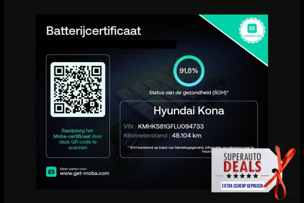 Hyundai Kona PREMIUM EV 64 KWH 1e EIG ACCU 92% GARANTIE 10-2030 BEREIK 466 KM ! LEDER. STUUR/STOEL VERWARMING.DODE HOEK DETECTIE