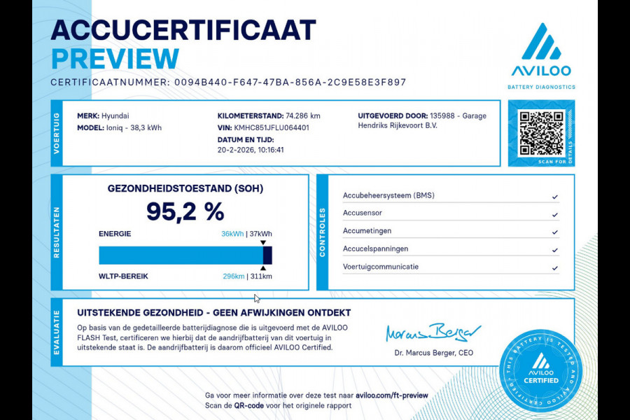 Hyundai IONIQ Comfort EV 38 kWh | SOH: 95,2% | 311km WLTP | Adaptive CC | Full LED | Navi |
