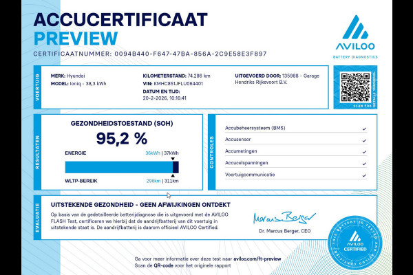 Hyundai IONIQ Comfort EV 38 kWh | SOH: 95,2% | 311km WLTP | Adaptive CC | Full LED | Navi |