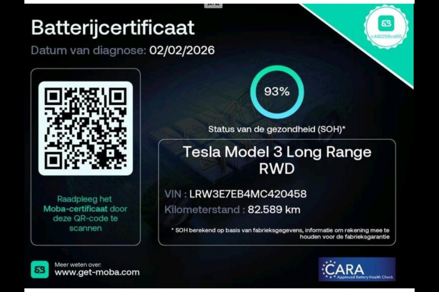 Tesla Model 3 Long Range AWD 75 kWh 93% SOH LFP