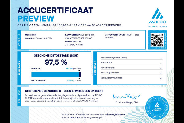 Ford E-Transit 350 68kWh 184PK 317km WLTP 97.5% (SOH) BEV Snelladen L2H3 360° Camera Climate Control Cruise Control Navigatie Carplay Parkeersensoren voor achter