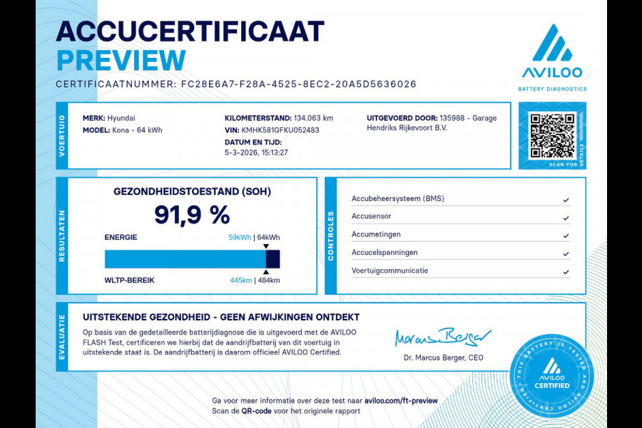 Hyundai Kona EV Premium 64 kWh | SOH: 91.9% | Leder | Blindspot |  LED | Adaptive CC | Two-Tone |