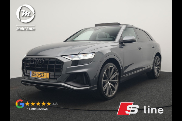 Audi Q8 55 TFSI e Quattro 2x S Line Black Optic PHEV 381pk Dealer O.H. | Trekhaak Af Fabriek | Luchtvering | Panodak | Bang & Olufsen Sound | Camera | Alcantara Sportstoelen Verwarmd | 23"L.M | Virtual | Navigatie | DAB | Plug In Hybrid |