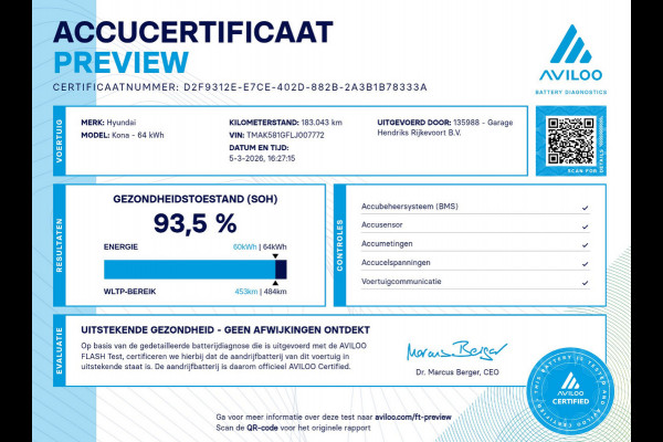 Hyundai Kona EV Premium 64 kWh |  SOH: 93,5% | Leder | HUD | Blindspot | Adaptive CC | LED |