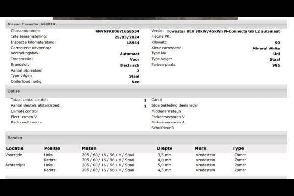 Nissan Townstar N-Connecta L2 45 kWh 100% EV. / Pdc.+Camera / Airco-ecc./ Radio-multimedia / Schuifdeur rechts / WLTP-actieradius: ca. 285 km