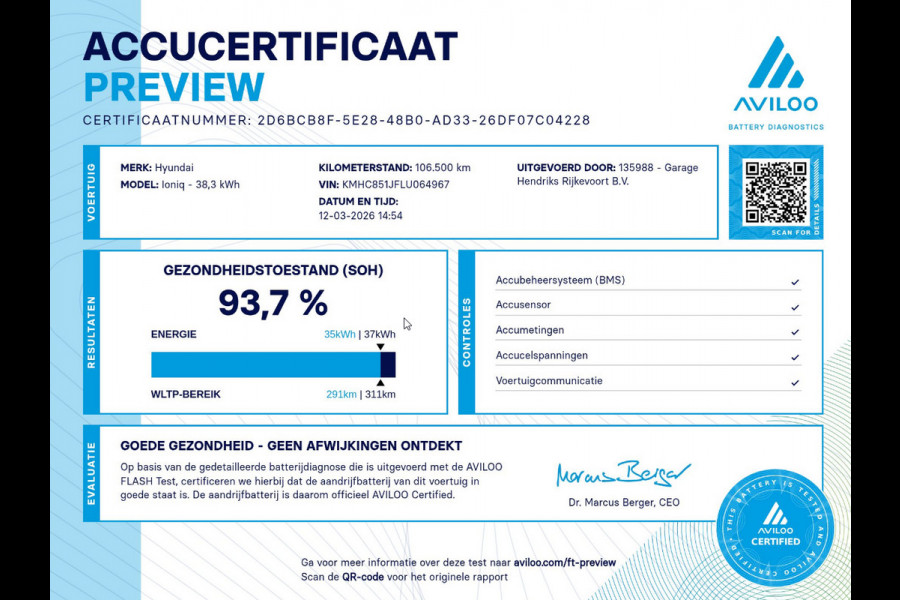 Hyundai IONIQ Comfort EV 38 kWh | SOH: 93,7% | 311km WLTP | Adaptive CC | Full LED | Navi |