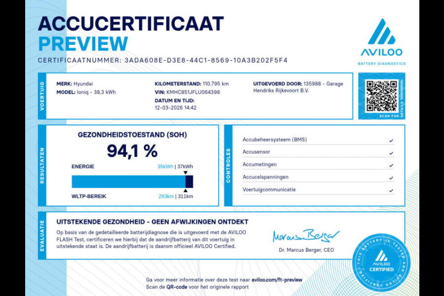 Hyundai IONIQ Comfort EV 38 kWh | SOH: 94,1% | 311km WLTP | Adaptive CC | Full LED | Navi |