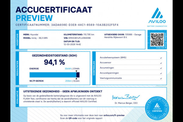 Hyundai IONIQ Comfort EV 38 kWh | SOH: 94,1% | 311km WLTP | Adaptive CC | Full LED | Navi |