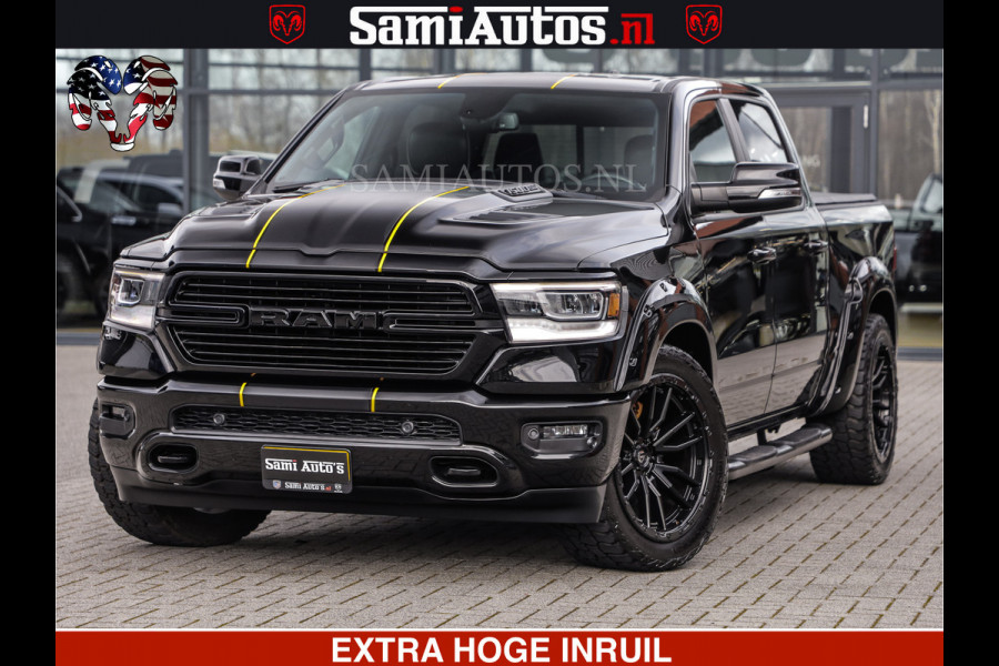 Dodge Ram 1500 HULK | 5.7 V8 | STRIPING | LUCHT VERING | LARAMIE SPORT BLACK ON BLACK | MEGA DIK | CREW CAB DUBBELE CABINE | 5 PERSOONS | DC | DIKKE WILEN | WIDE BODY |