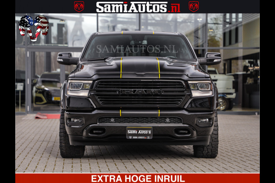 Dodge Ram 1500 HULK | 5.7 V8 | STRIPING | LUCHT VERING | LARAMIE SPORT BLACK ON BLACK | MEGA DIK | CREW CAB DUBBELE CABINE | 5 PERSOONS | DC | DIKKE WILEN | WIDE BODY |