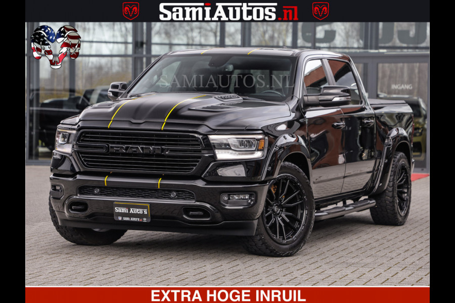 Dodge Ram 1500 HULK | 5.7 V8 | STRIPING | LUCHT VERING | LARAMIE SPORT BLACK ON BLACK | MEGA DIK | CREW CAB DUBBELE CABINE | 5 PERSOONS | DC | DIKKE WILEN | WIDE BODY |