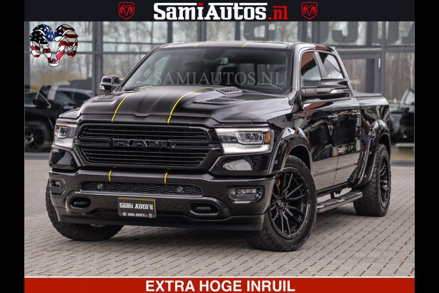 Dodge Ram 1500 HULK | 5.7 V8 | STRIPING | LUCHT VERING | LARAMIE SPORT BLACK ON BLACK | MEGA DIK | CREW CAB DUBBELE CABINE | 5 PERSOONS | DC | DIKKE WILEN | WIDE BODY |