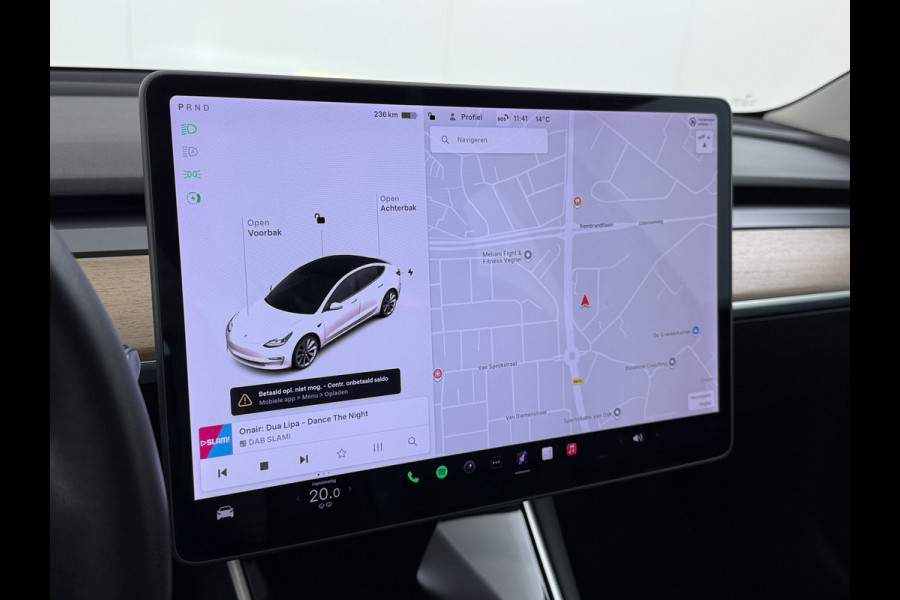 Tesla Model 3 SR+ 325PK Trekhaak LFP-Accu 19" SOH 90% AutoPilot Leer Pano-Dak Adaptive Cruise Lmv 18" Camera's Elektr.-Stuur+Stoelen+Spiegels+ Ecc Navi Led DAB Voorverwarmen interieur via App Keyless One-Pedal-Drive Origineel Nederlandse Auto Fabrieksgarantie op Accu en Motor tot 9-12-2028/160.000km