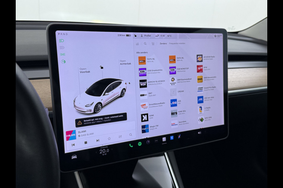 Tesla Model 3 SR+ 325PK Trekhaak LFP-Accu 19" SOH 90% AutoPilot Leer Pano-Dak Adaptive Cruise Lmv 18" Camera's Elektr.-Stuur+Stoelen+Spiegels+ Ecc Navi Led DAB Voorverwarmen interieur via App Keyless One-Pedal-Drive Origineel Nederlandse Auto Fabrieksgarantie op Accu en Motor tot 9-12-2028/160.000km