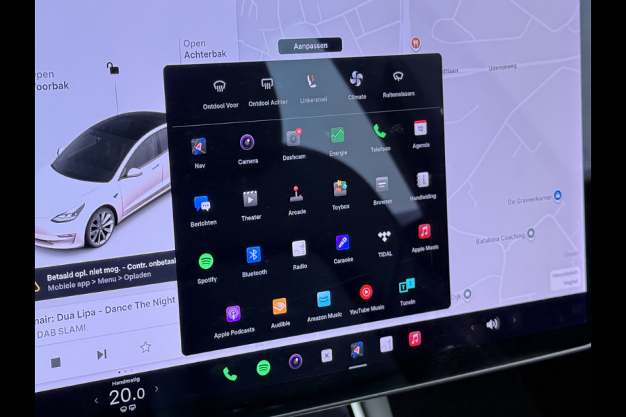 Tesla Model 3 SR+ 325PK Trekhaak LFP-Accu 19" SOH 90% AutoPilot Leer Pano-Dak Adaptive Cruise Lmv 18" Camera's Elektr.-Stuur+Stoelen+Spiegels+ Ecc Navi Led DAB Voorverwarmen interieur via App Keyless One-Pedal-Drive Origineel Nederlandse Auto Fabrieksgarantie op Accu en Motor tot 9-12-2028/160.000km