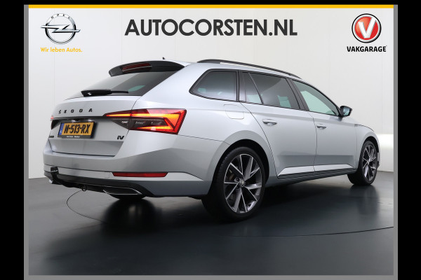 Škoda Superb Combi T218PK iV PHEV AUT-6 Sportline BS Elektr.+Geheugen-Sport-Stoelen+Verwarmd Trekhaak Virtual Cockpit Matrix Led Navi Ecc Ada 1.4t- Plug-in-hybride Achterbank+Stuurverwarming Led Elek.Achterklep Lmv 19" Keyless Dodehoek detectie Verkeersbord detectie 1e Eigenaar Origineel Nederlandse Auto 400 Nm !! + 1600kg trekvermogen