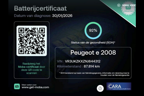 Peugeot e-2008 EV Allure 50 kWh SOH 92% (APPLE CARPLAY,PDC,SPORTSTOELEN,STOELVERWARMING,CAMERA,PDC,LM VELGEN,BLUETOOTH,NETTESTAAT)