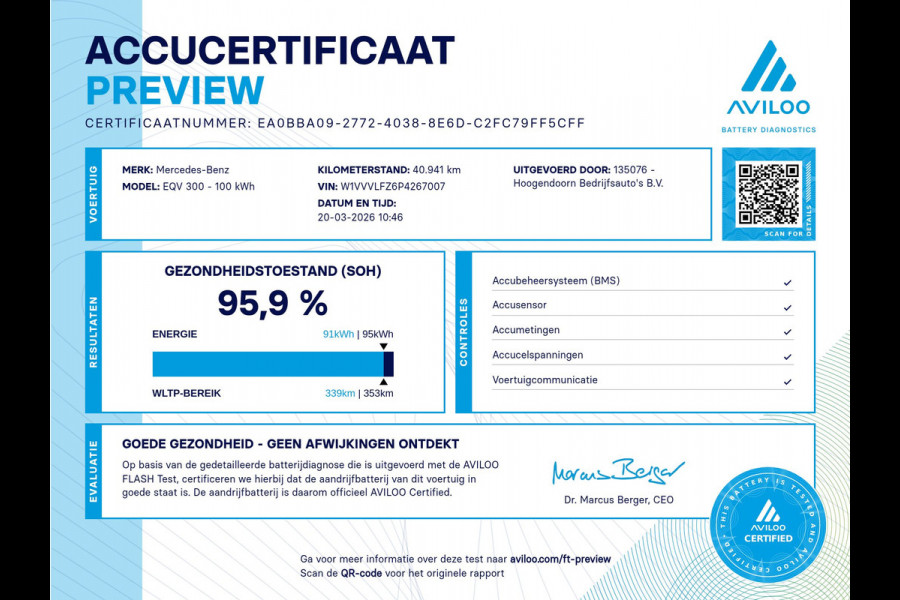 Mercedes-Benz Eqv 300 90kWh SoH 95.9 % L3 Extra Lang - 8 Zits - Leder - elc. Schuif
