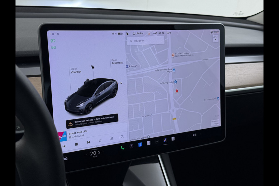 Tesla Model 3 SR+ 325PK LFP-Accu Trekhaak AutoPilot Leer Pano-Dak Adaptive Cruise Lmv 18" Camera's Elektr.-Stuur+Stoelen+Spiegels+Geheugen+Eas SOH 87% Ecc Navi Led DAB Voorverwarmen interieur via App Keyless One-Pedal-Drive 1.000KG Trekgewicht 1e Eigenaar Origineel Nederlandse Auto Fabrieksgarantie op Accu en Motor tot 10-12-2028/160.000km LFP accu dus 100% opladen !