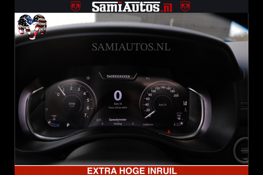 Dodge Ram HULK PACK | BULLBAR | 5.7 V8 | HUD | PANO | DIGI CLUSTER | 360CAM | ADAPTIVE CRUISE | HEADUP | DIGITALE BINNENSPIEGEL | LARAMIE  3500KG | LEDER | LANE ASSIST | DODE HOEK INSTALLATIE |