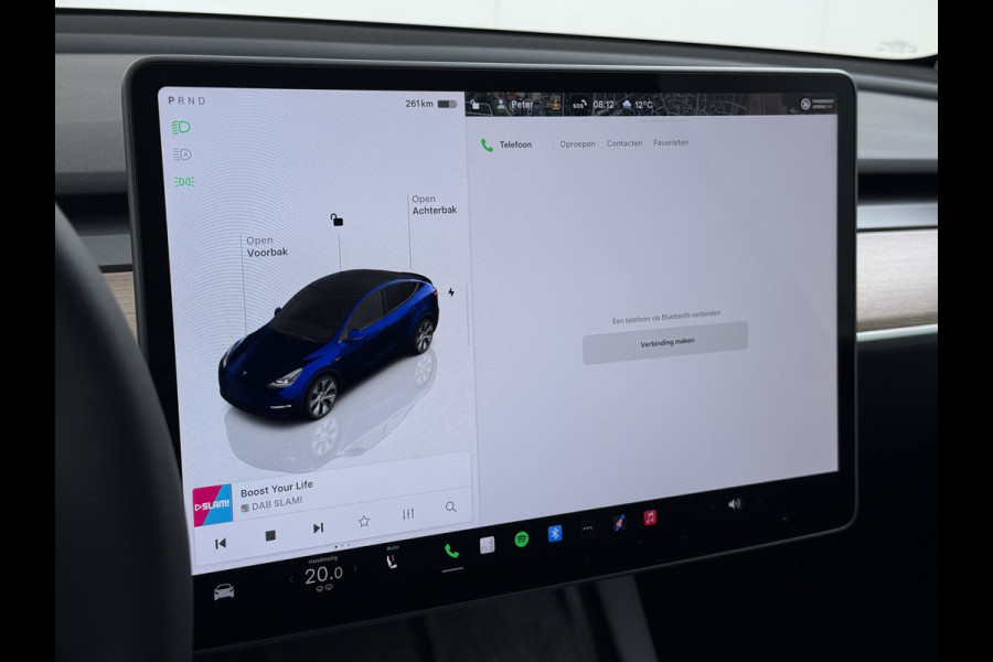 Tesla Model Y RWD 300pk Trekhaak SOH 92% Warmtepomp LFP-Accu Leer Lmv Camera's Panoramadak Adap.Cruise Navi Ecc Autopilot Stoel+Stuur+Achterbank Verwarming Elek.Achterklep Dodehoek detector Draadloze telefoonlader 1e Eigenaar 1.600KG Trekgewicht Fabrieksgarantie op Motor en Accu tot 22-04-2032/160.000km