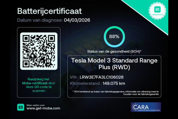 Tesla Model 3 SR+ 325PK LFP-Accu AutoPilot Leer Pano-Dak Adaptive Cruise Lmv 18" Camera's Elektr.-Stuur+Stoelen+Spiegels+Geheugen+Easy-Entry+V SOH 88% Ecc Navi Led DAB Voorverwarmen interieur via App Keyless One-Pedal-Drive Origineel Nederlandse Auto Fabrieksgarantie op Accu en Motor tot 11-12-2028/160.000km LFP accu dus 100% opladen!