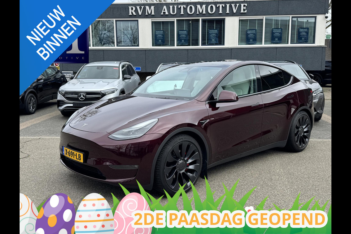 Tesla Model Y Performance AWD 75 kWh VAN € 40.900,- VOOR € 38.440,- UW LENTEVOORDEEL € 2.460,-!| SOH 95% | AFNEEMBARE TREKHAAK| CHERRY RED| VOLLEDIGE TESLA GARANTIE TOT 14-12-2027 OF 80K KM|1STE EIGENAAR ORIG. NL| AUTOPILOT| STOELVERWARMING VOOR + ACHTER|