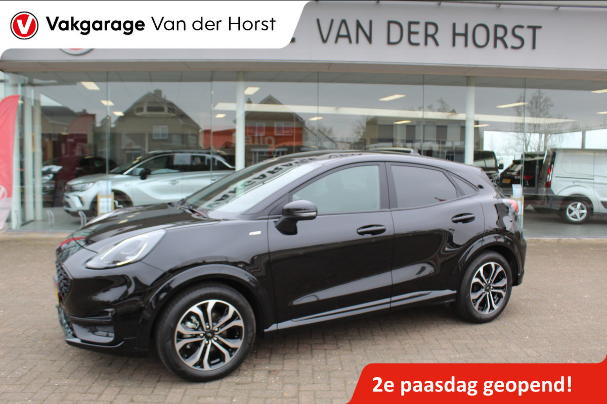 Ford Puma 1.0-125pk EcoBoost Hybrid ST-Line. April 2024 ! Slechts 8.400km ! Autm. airco, navigatie, telefoonvoorb., camera, pdc v+a, parkeerassistent, LED verl., metallic lak, LM wielen, stoel-, stuur- en voorraamverw., lane- en sideassist, adapt. cruise cntrl etc