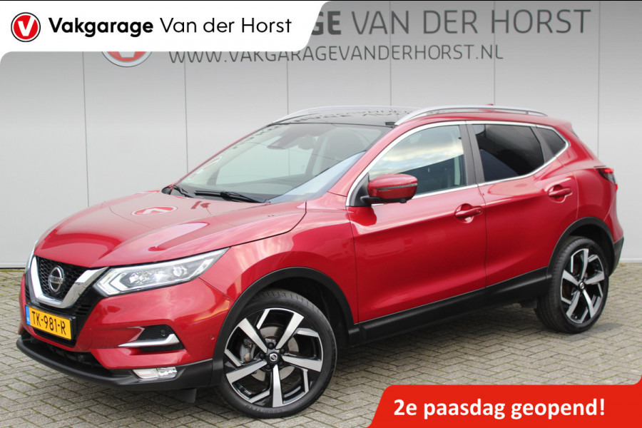 Nissan QASHQAI 1.2-115pk Tekna. Erg nette, luxe en betrouwbare hoogzitter ! Autm. airco, cruise control, 360gr camera, trekhaak, privacy glass, LM wielen, panoramadak, metallic lak, elektr. verstelb. best. stoel,  telefoonvoorb., navigatie, LED verlichting etc.