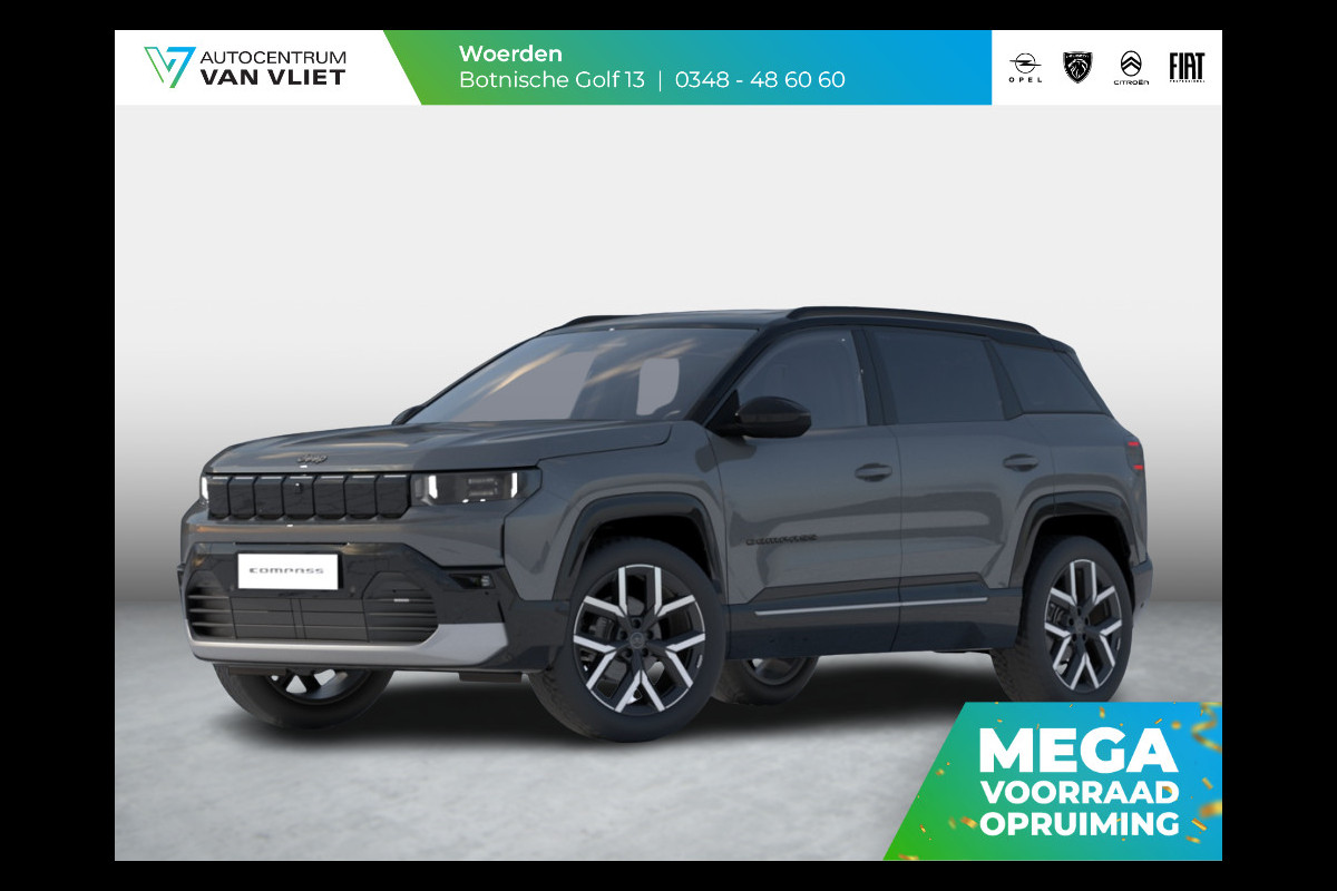 Jeep Compass First Edition 74 kWh | Uit voorraad leverbaar !| Adapt. Cruise | Camera | Carplay | 20" | Elektr. A-Klep | Navi | Winter Pack | Schuif/Kanteldak | Premium Pack | Conv. Pack | Warmtepomp