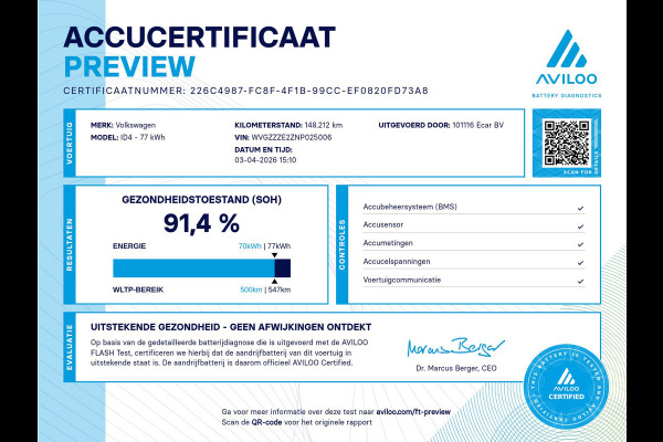Volkswagen ID.4 Pro 77 kWh | adaptief cruise control | LED koplamp Soh (batterijcheck) Waarde 91,4 %